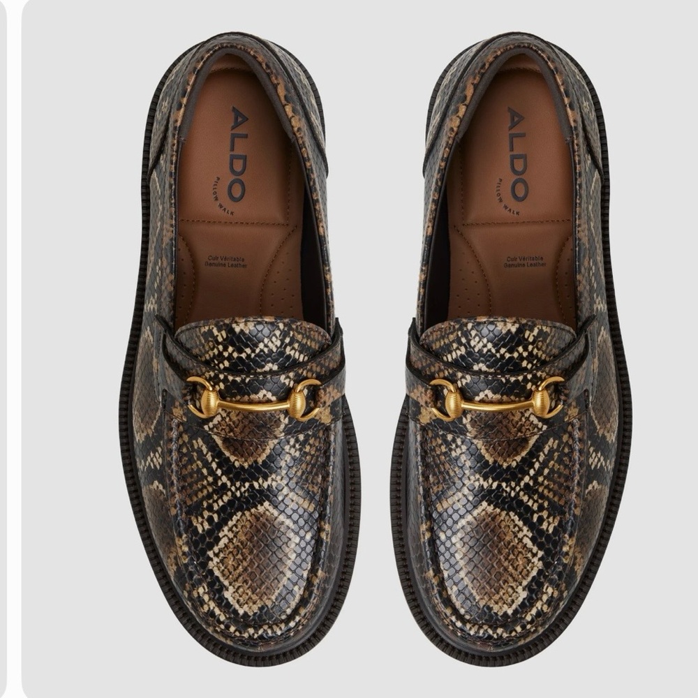 Aldo Black and Brown Snake-Print Loafers with Gold Bit